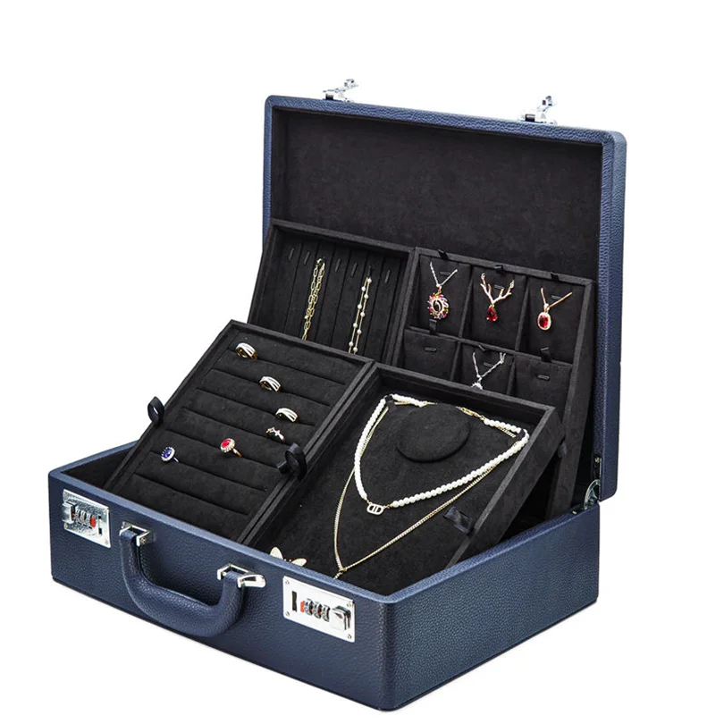 Custom Wholesale Durable Travel Coded Lock Pu Jewelry travel Case Leather Jewellery Storage Suitcase With Tray
