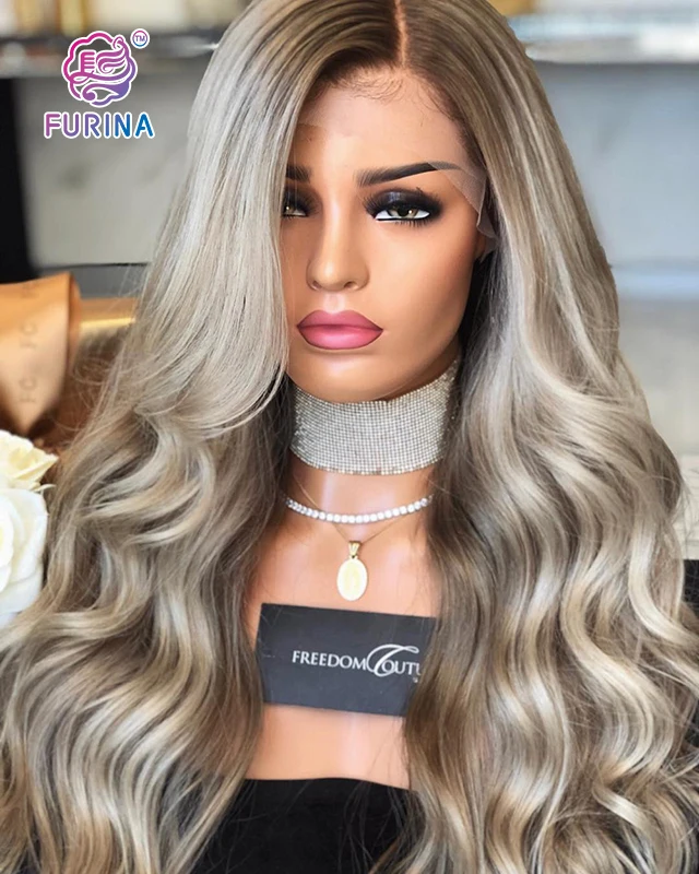 White women long wavy 26' Japanese fiber middle part ombre highlight synthetic lace wigs