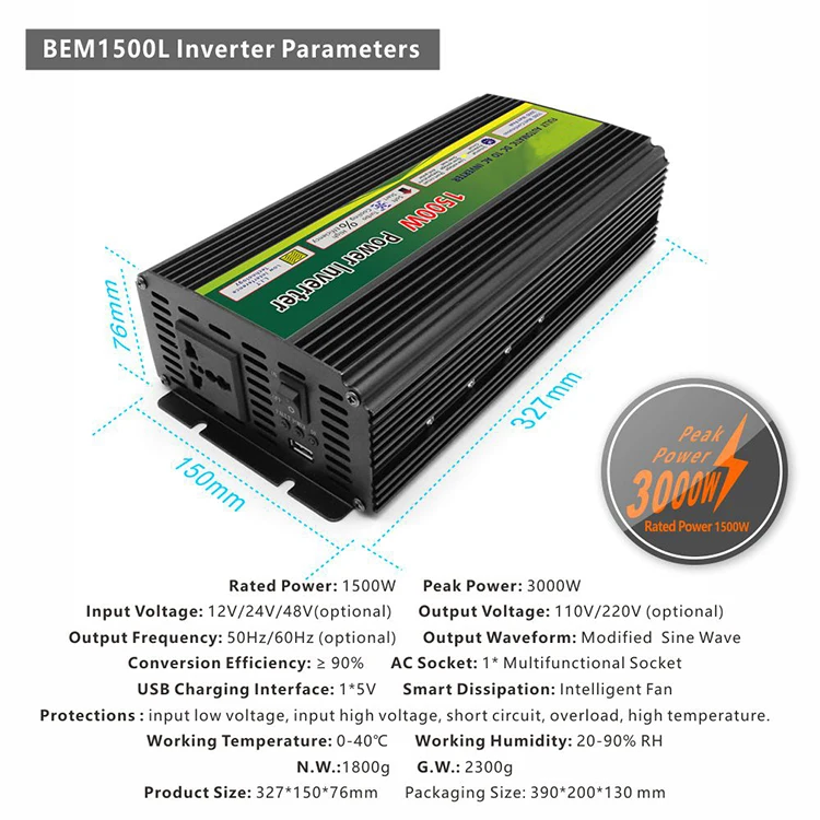 BEM1500L Custom Cheap Low Price Off Grid 24V 12V To 110V 1.5Kw 1500 Watt 1500W 3Kva 3Kw Power Inverter Solar