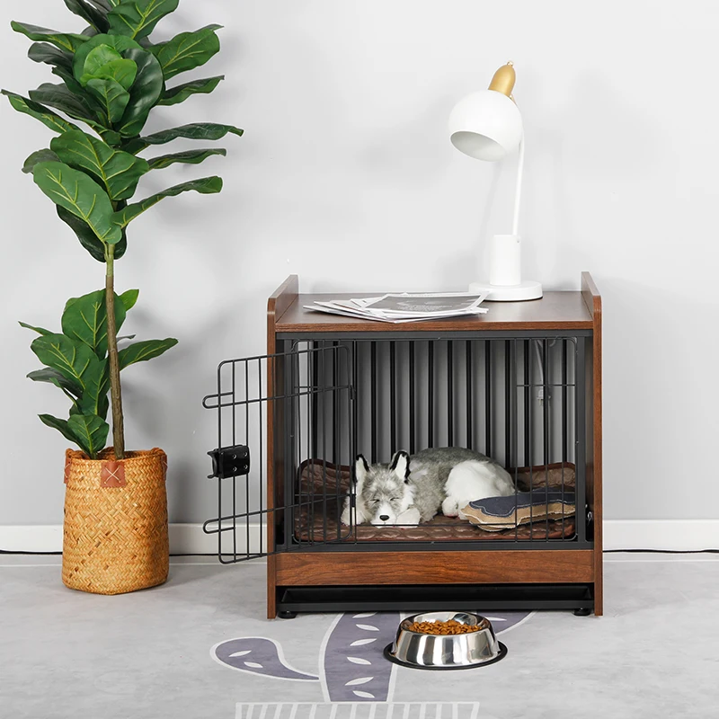 Modern Metal Wooden Cage For Pet End table Dog Crate Furniture With Tray