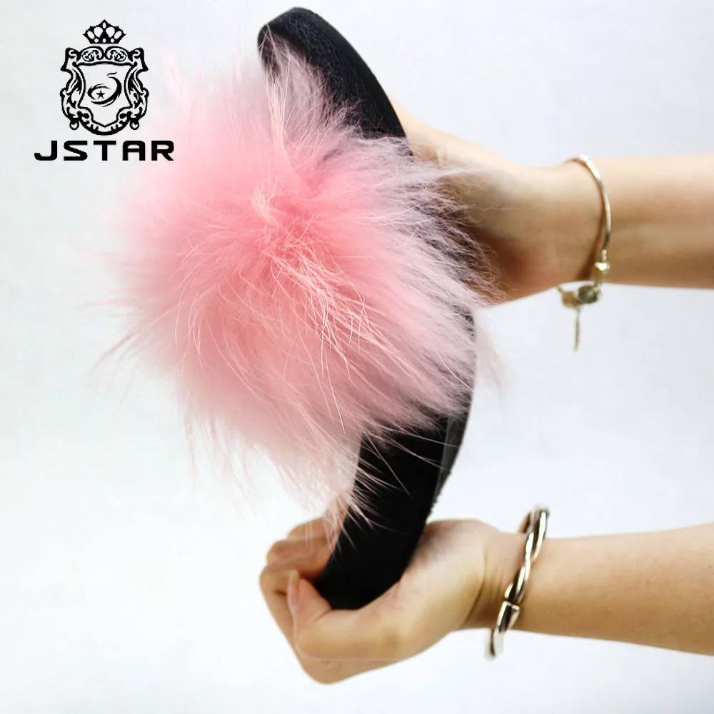 Wholesale women fur slippers furry slippers real fur sandals raccoon fur slides