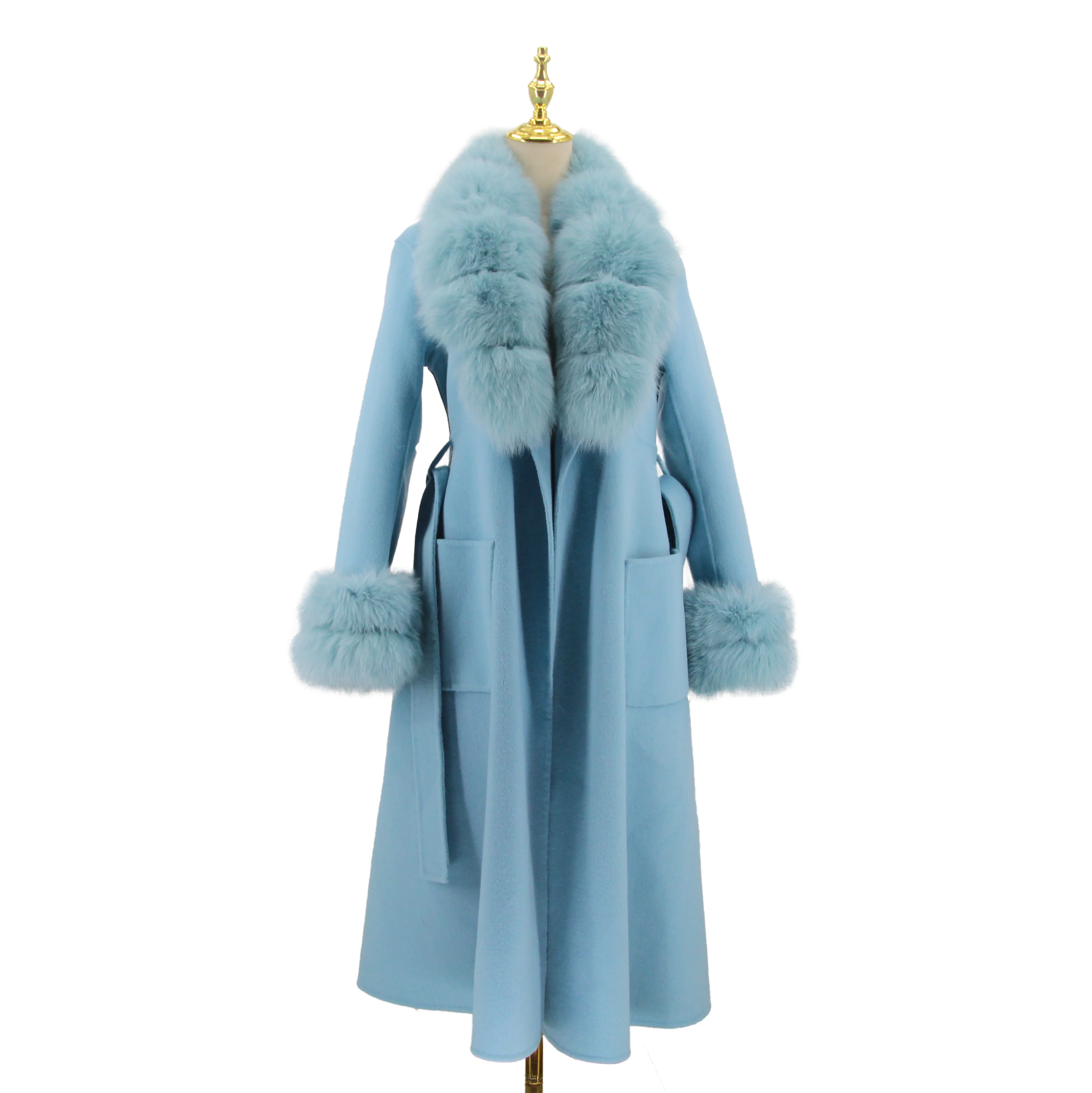 QIUCHEN QC21046 winter women high quality blue woolen long cashmere jacket with fox fur collar cuffs wool coat