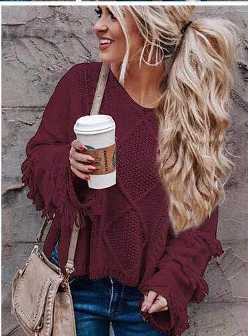 
Fashion V Neck Flare Sleeve Women Casual Tassel Sweater 