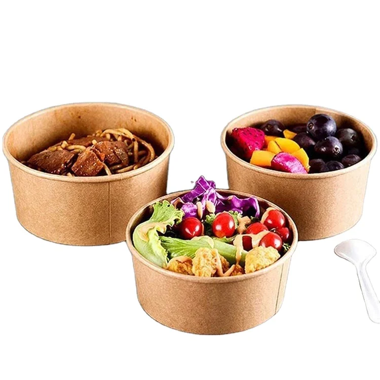 JBelle Disposable Take away Kraft Paper Soup  Noodles container Salad Bowl with PET Lid Kraft Paper Bowl