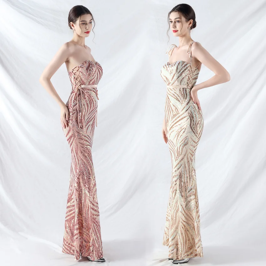 31909# rope double binding method sling tube top encryption laminated bead evening dress