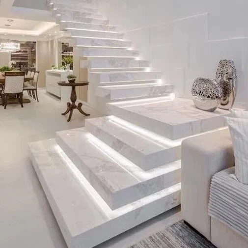 CBMmart Marble Design Indoor Floating Stair Kits Glass Railing Marble Stair Steps Modern Stairs