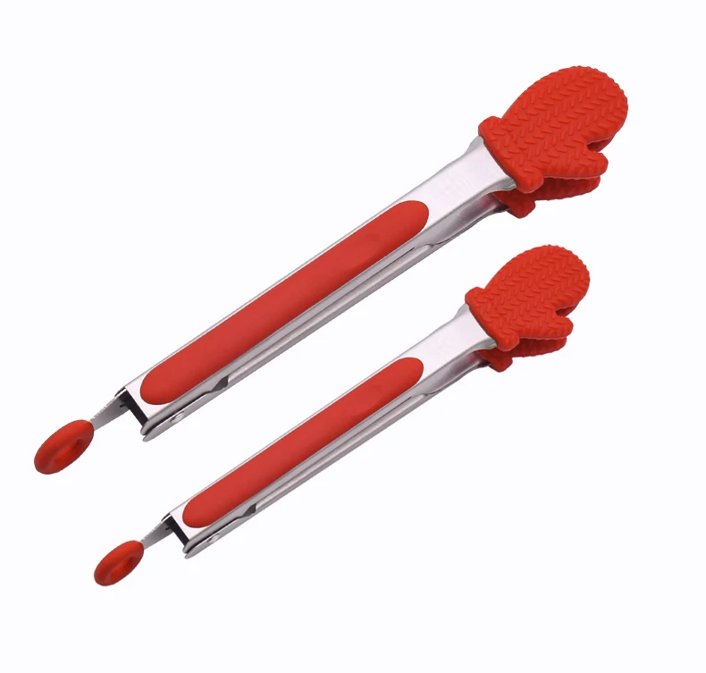 High quality gloves shape 2pcs locking kitchen tongs stainless steel silicone food serving tongs