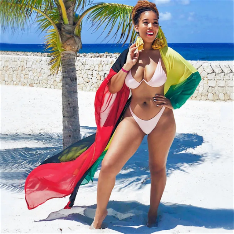 WoYing Boho 4 colors splice Bikini Cover Up 2020 Women Casual Long Dress Beach Bathing Suits