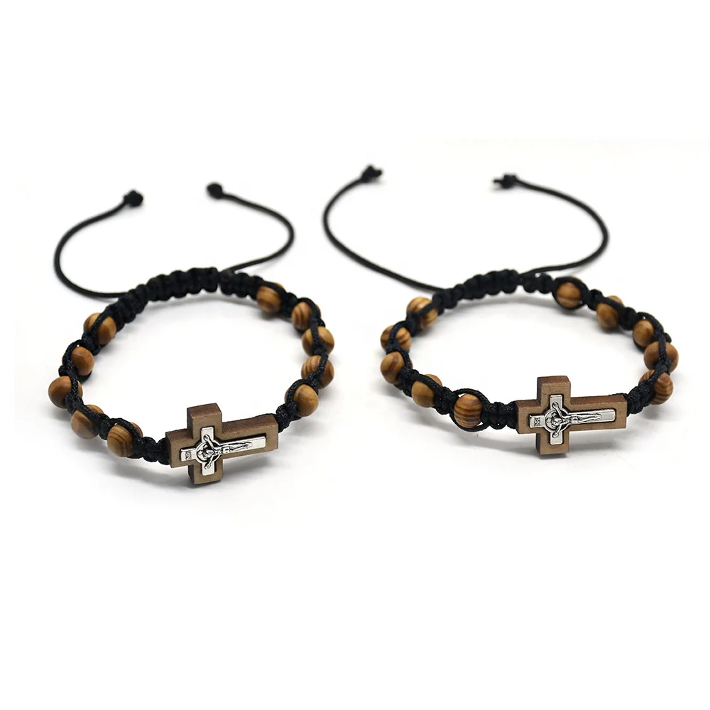 Adjustable Religious Catholic Corss Bracelet Rosary 8mm Pine Wooden Beads Braided Jesus Prayer Bracelets Handmade Jewelry Gift