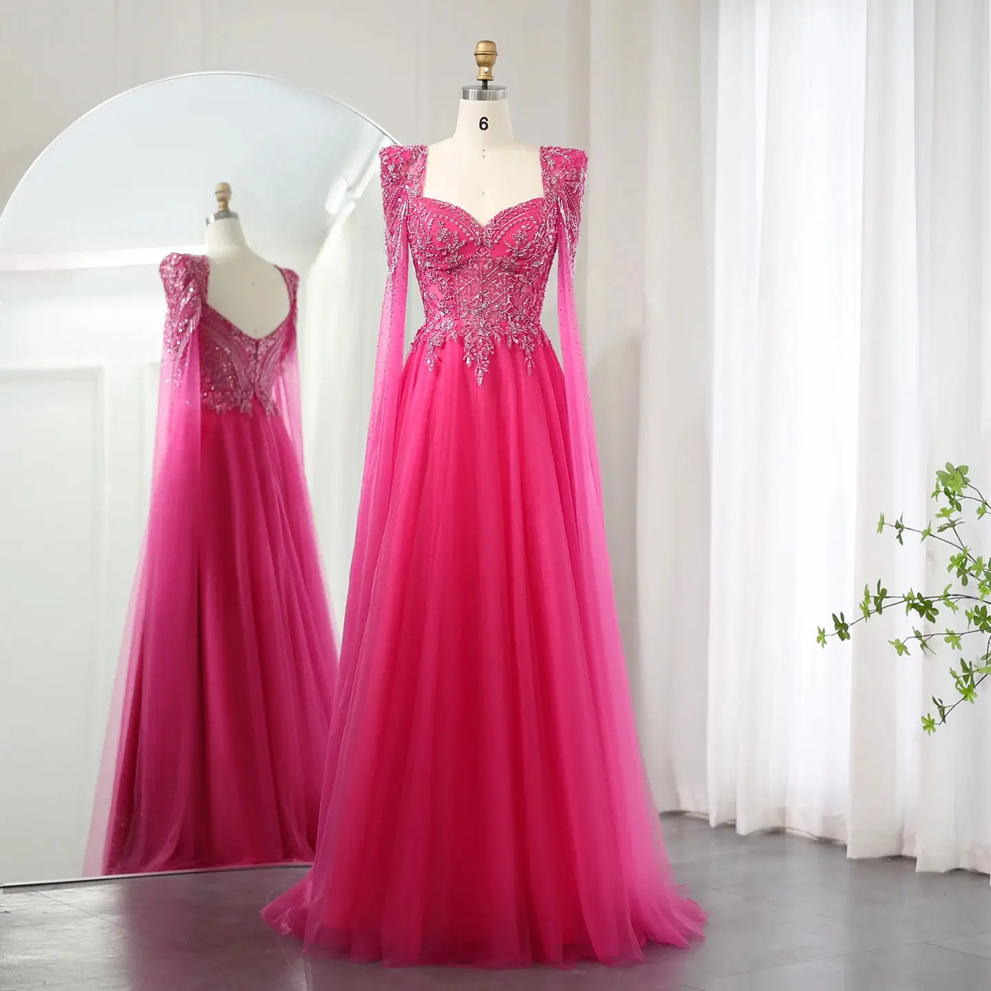 Jancember SZ419 Best Sale Pink Full Sleeve Sequined Long Gown Lace Princess Fashion Elegant Evening Dress