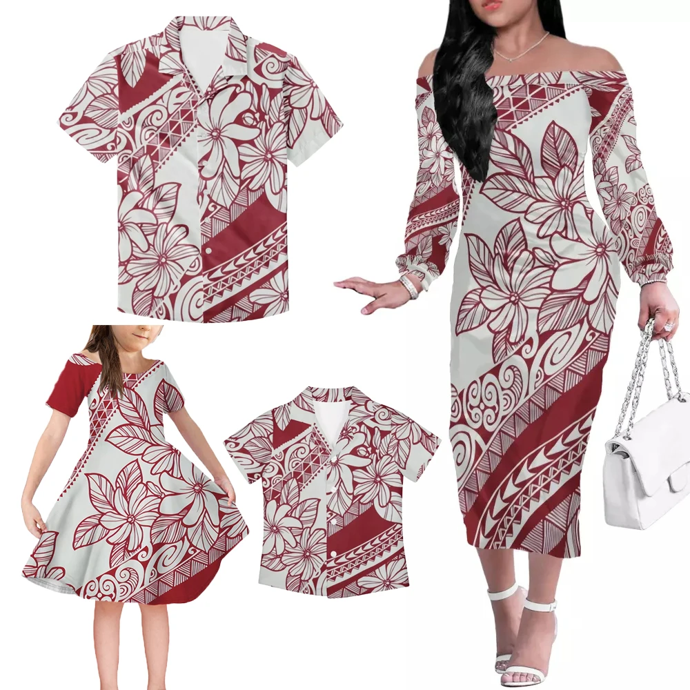 Red/Rasta Traditional Polynesian Samoan Tribal Printed Clothing Family Wear 4 Pieces Set Personalize Holiday Wear Wholesale