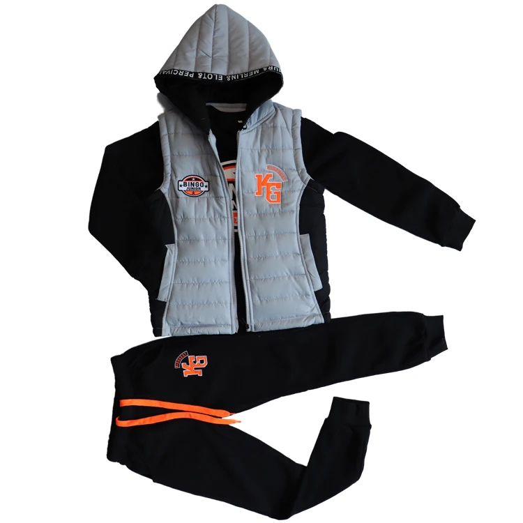 Готов к отправке, минимальный заказ, популярный стиль, три предмета, повседневное удобное хлопковое теплое пальто, жилет, комплект детской одежды для мальчиков с капюшоном