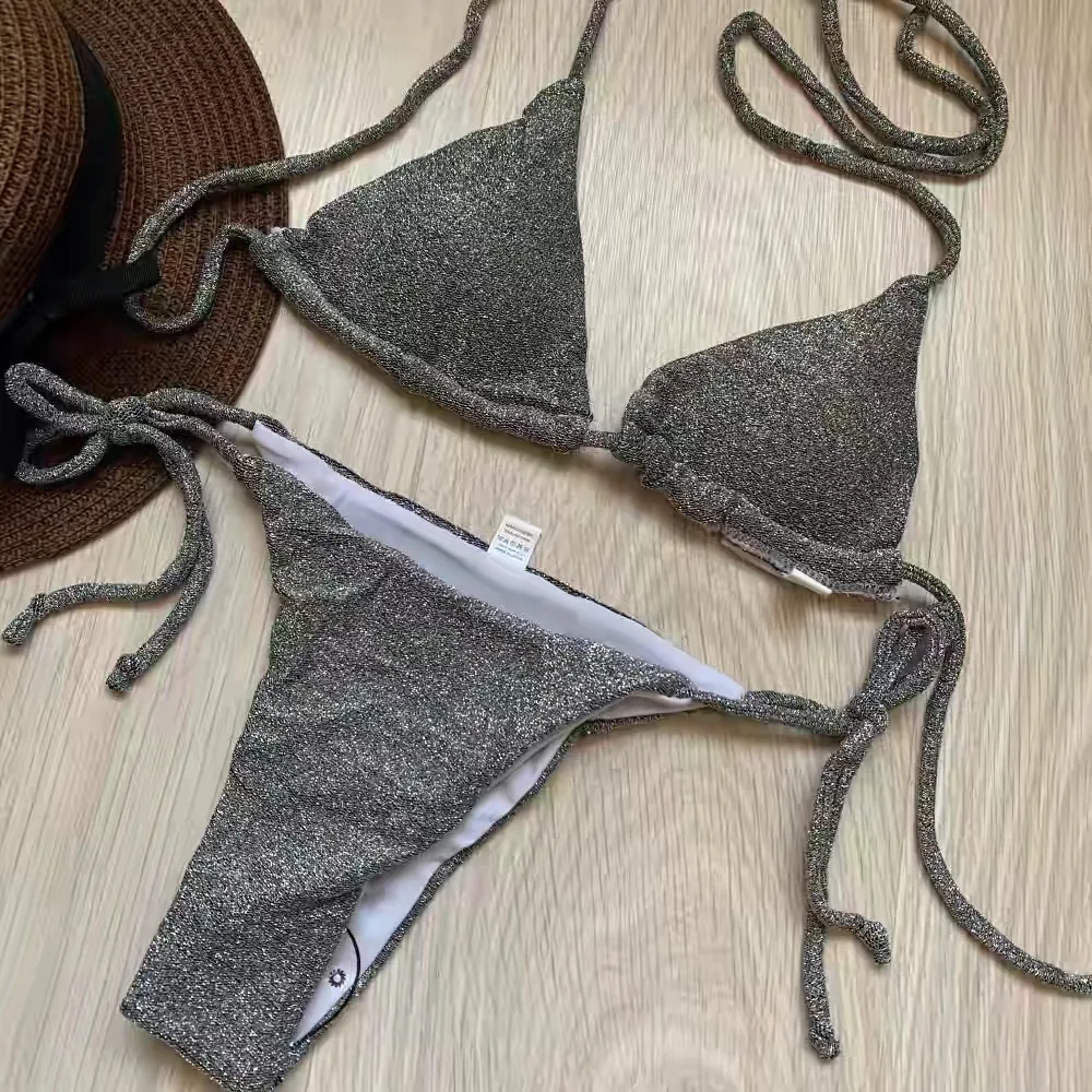 Silver Bikini Cover Up String Thong Fitness Swimwear Sexy Shiny 2 Pieces Micro Mini Bikini Bathing Suits Women
