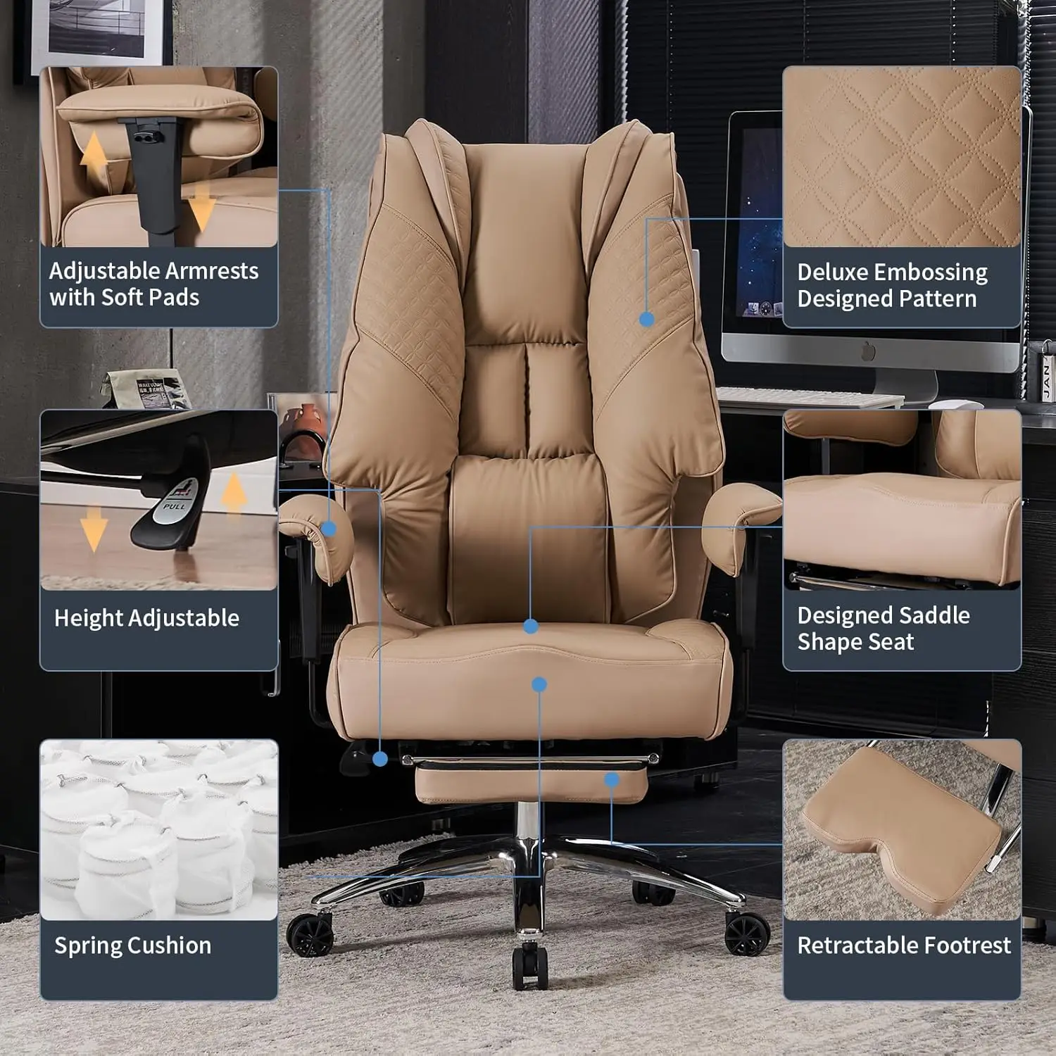 JL Big and Tall Office Chair 400lbs Wide Seat Leather Boss Chaise High Back Black Executive Computer Chair with Foot Rest