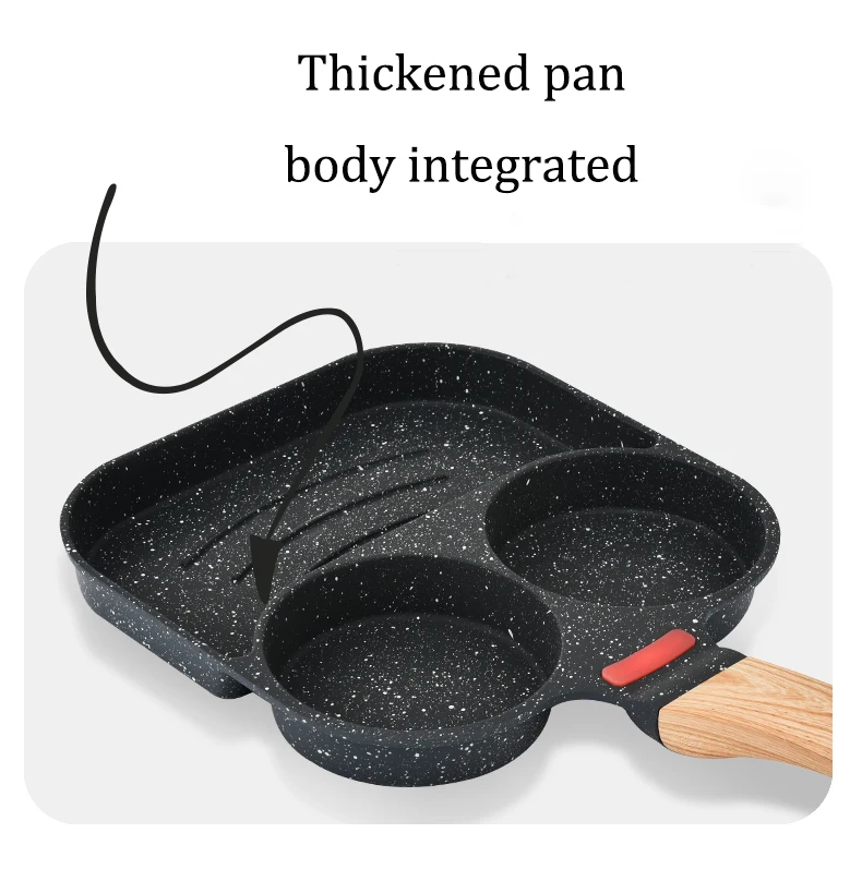 Non-stick Frying Pot Pan 3 Holes Steak Egg Pancake Thickened Omelet Pan Wooden Handle Pan For Kitchen Utensils