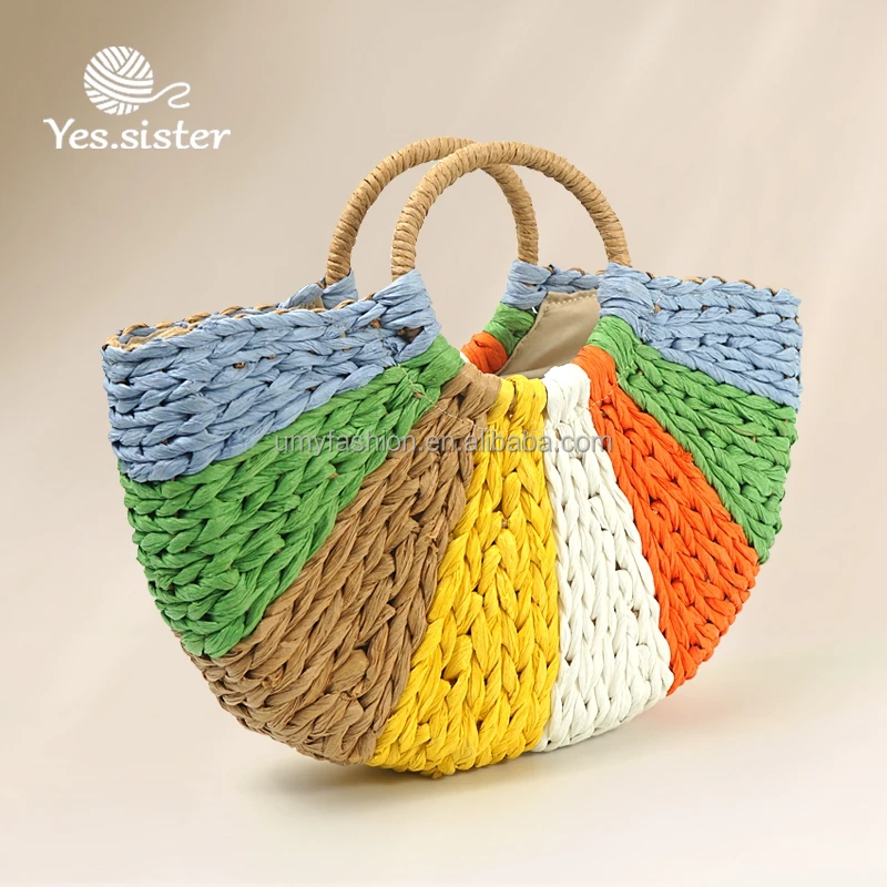 Custom Handmade Summer Fashion Knitted Beach Stripe Tote Large Color Straw Bag Crochet
