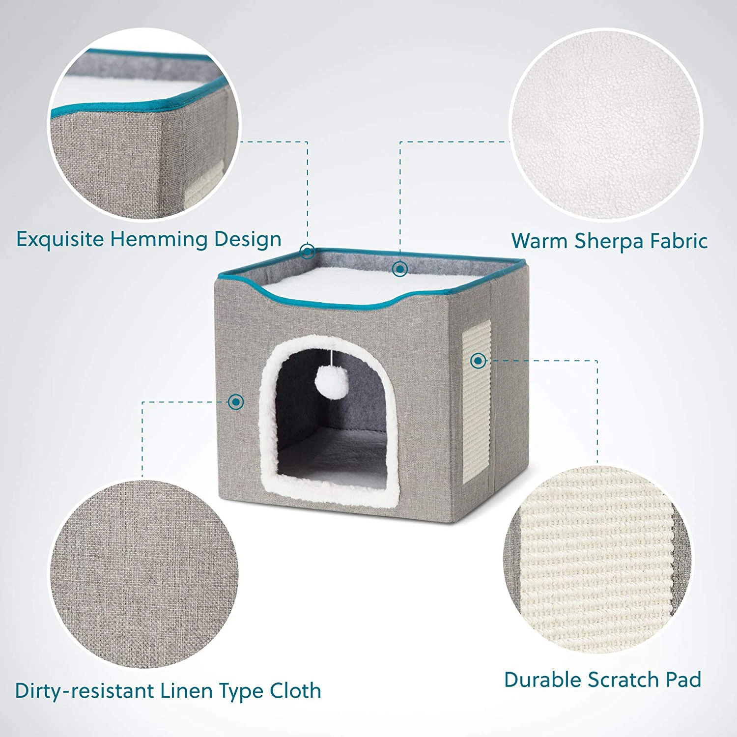 Cat Beds for Indoor Foldable Large Cat House for Pet Cat Cave with Scratch Pad Pet Scratcher with Hanging Ball