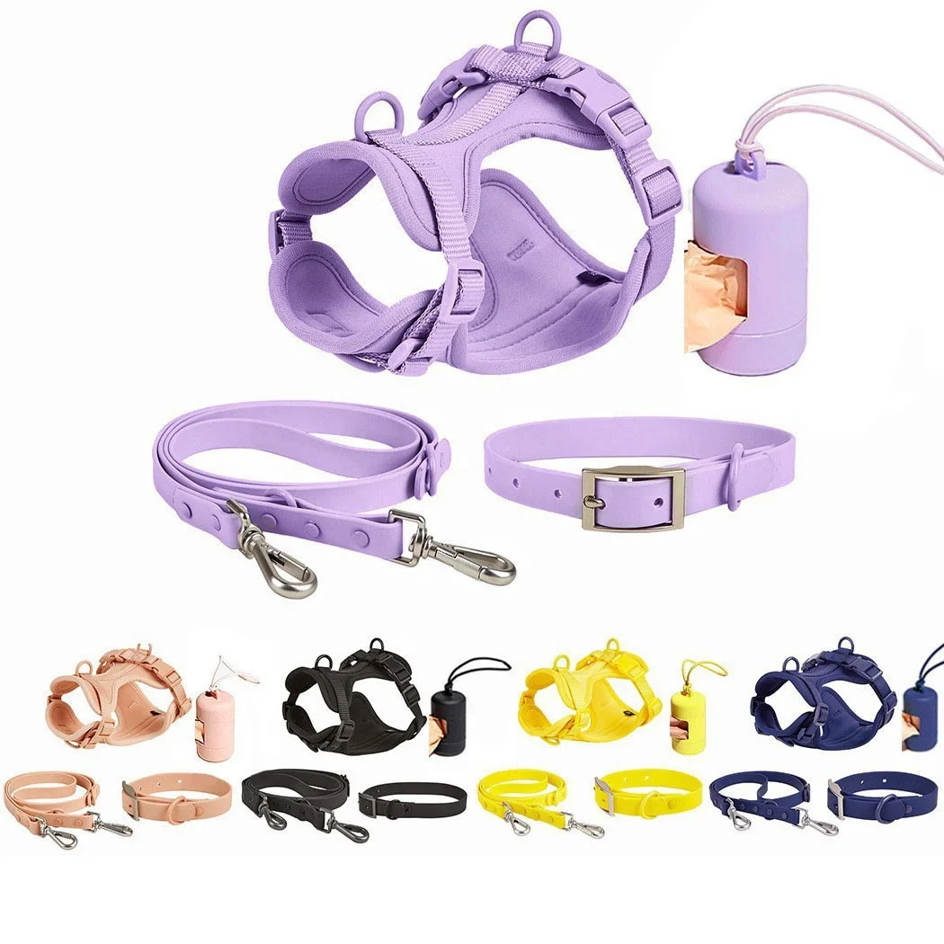 Custom Luxury Waterproof PVC Neoprene Pet Poop Bag Dispenser Dog Harness Set Leash Collar Set For Dog