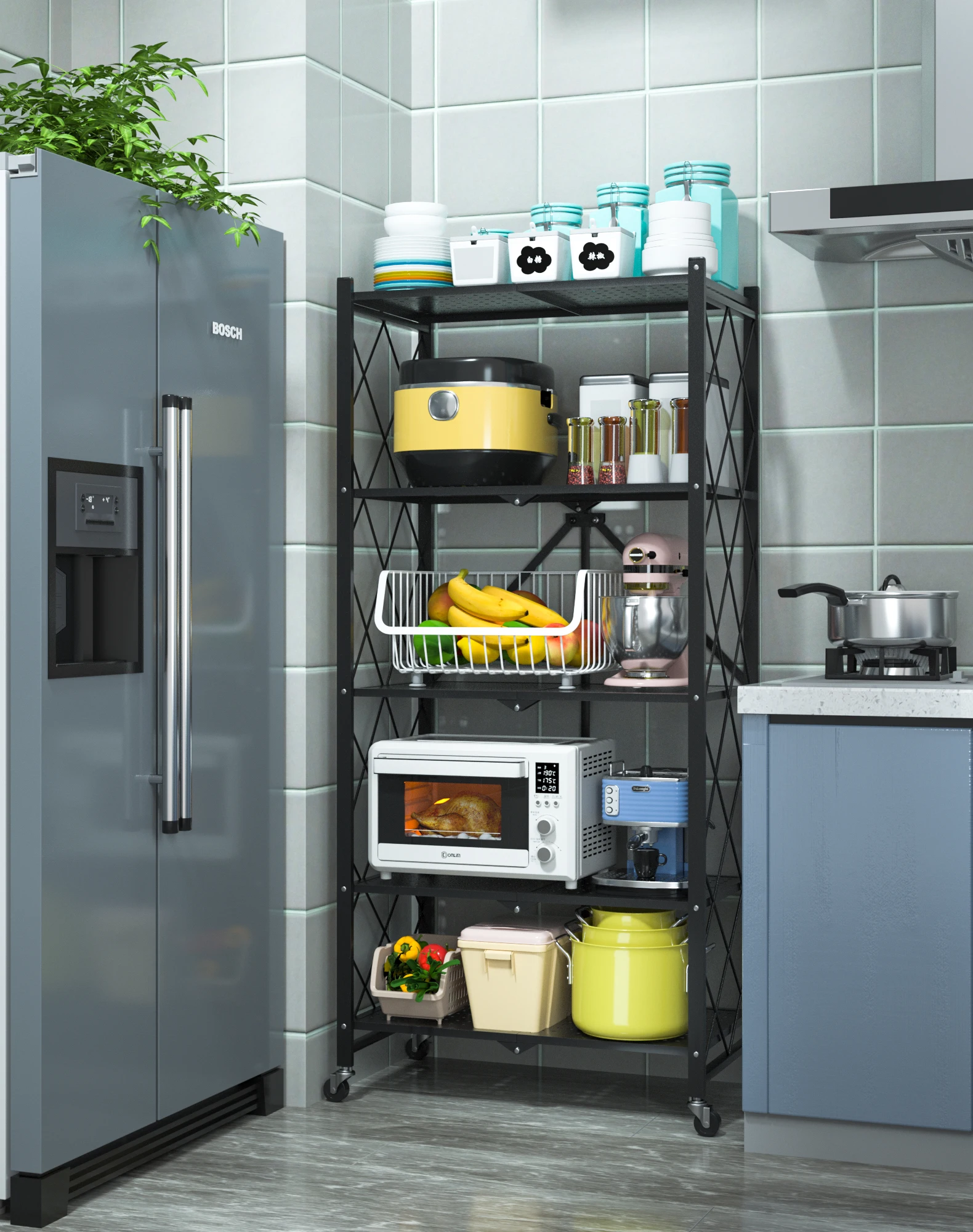 Multi-layer Folding Kitchen Display Shelf Foldable Kitchen Storage Rack Floor Type Rack Kitchen Organizer Rack