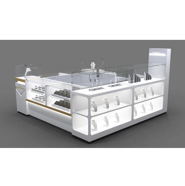 Modern Jewelry Store Display Showcase Counter Wooden Glass Booth Jewelry Kiosk for Shopping Mall