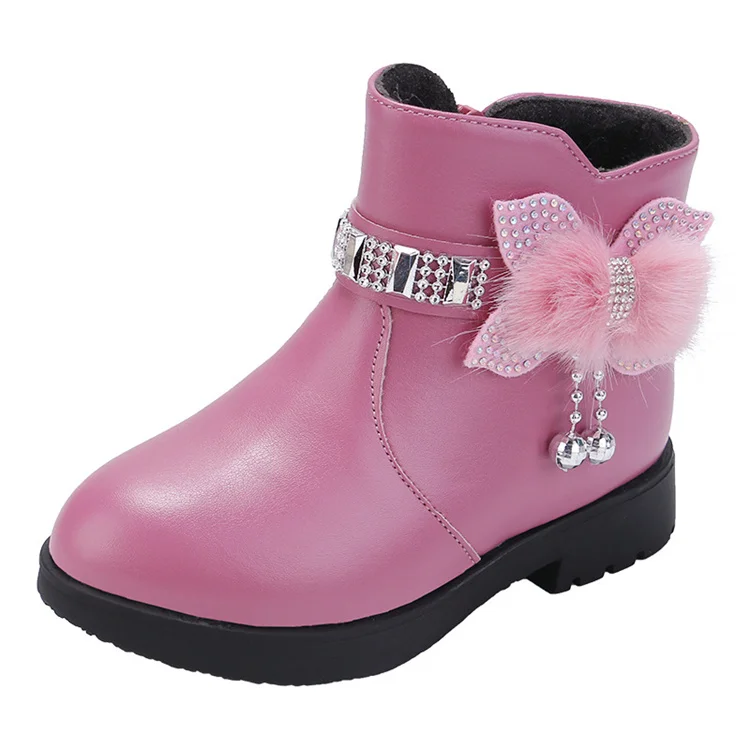 Children cotton boots rhinestone ankle boots princess fashion bow leather boots