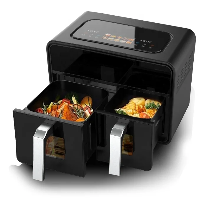 Factory price 10L 2400W Dual Air Fryer Oil Free Color Display Electric visible Double Door Smart Kitchen Appliances