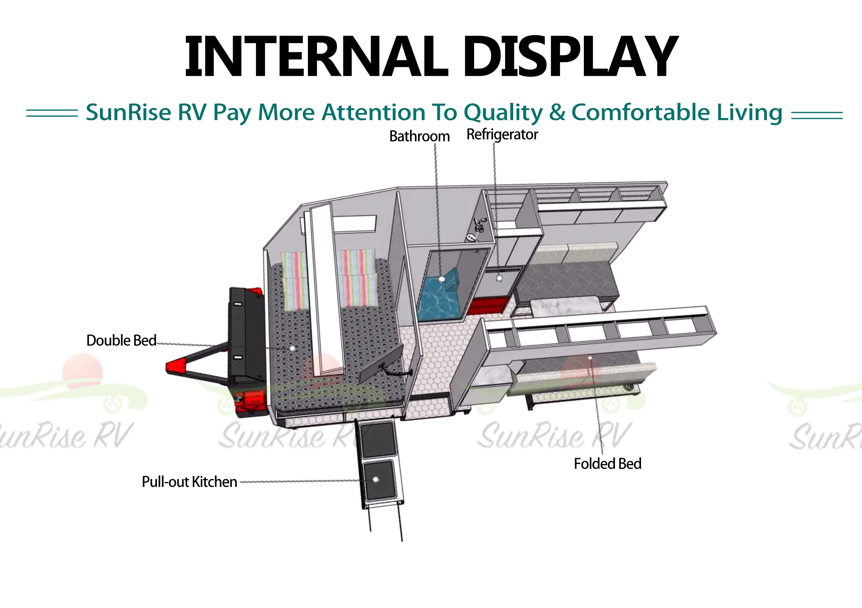 SUNRISE RV Direct Selling Toy Hauler Camper Luxury 4x4 RV Camper Trailer Standard Off Road Travel Caravan With Spare Tire