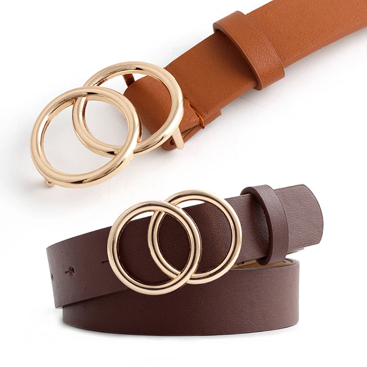 Wholesale double ring round buckle ladies pu leather casual belt for jeans