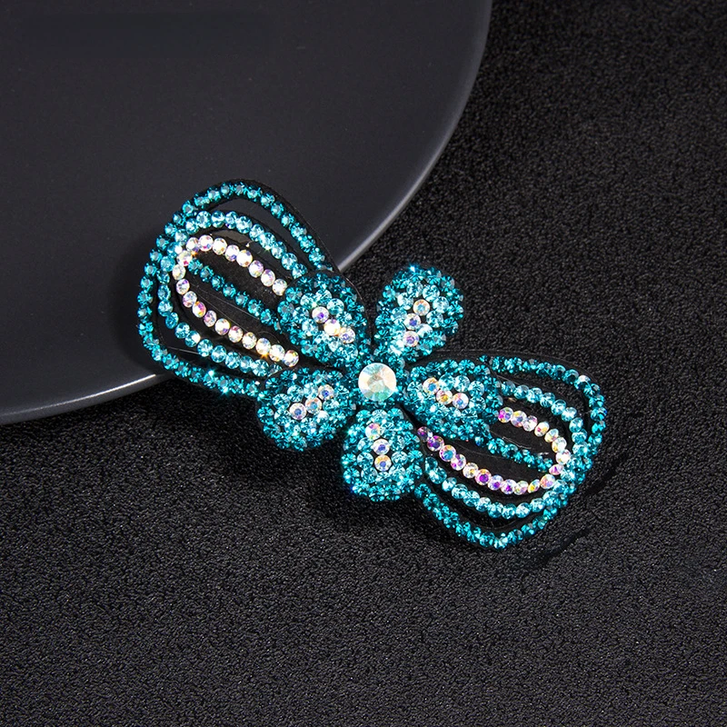 Luxury Rhinestone Flower Hairpin Full Crystal Top Clip Hair Barrette Shinny Bow Spring for Girls