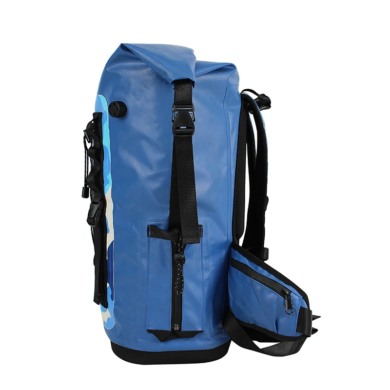 roll top closure blue waterproof tpu backpack hiking moutain dry bag backpack heavy duty with padded shoulder straps back