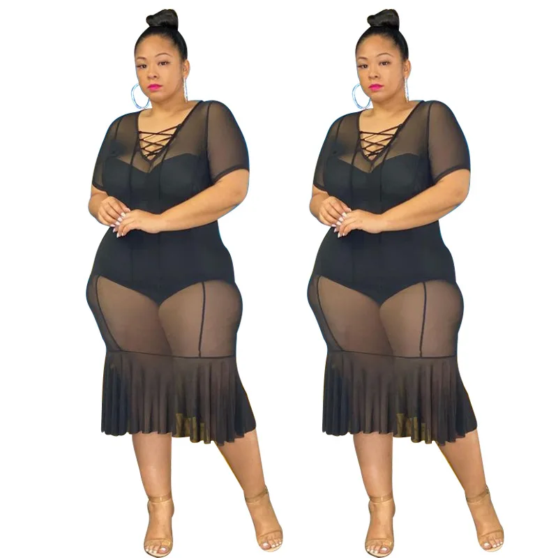 
Plus Size Women Long Sleeve Dresses Transparent Mesh Dress V Neck Black Jumpsuit Dress Wholesale 