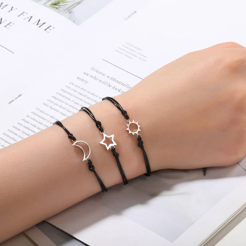 4Pcs/Set Four Hearts Star Moon Sun Woven Wax Rope Stainless Steel Mother Daughter Bracelets Wish Card Friendship Best Friends