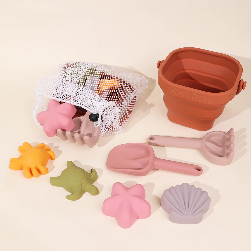 Custom New Kids Play Bpa Free Silicone Baby Seaside Beach&sand Toys Collapsable 2024 Eco Beach Bucket Sand Toy Kit For Children