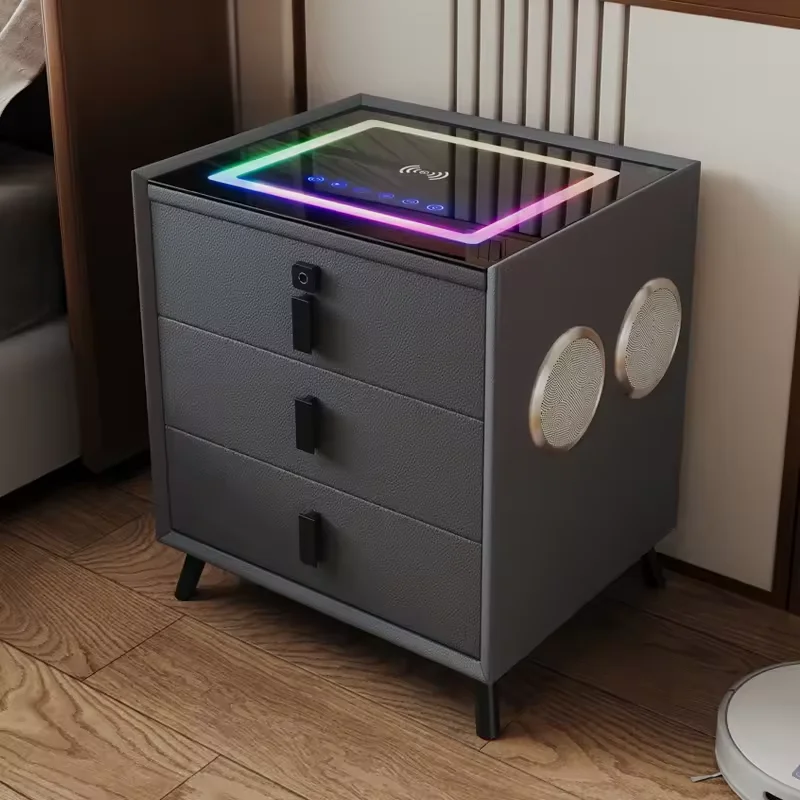 Nightstand Touch Sensing Led Light Dual Usb Smart Wireless Charger Speaker Design Fingerprint Lock Bedside Table