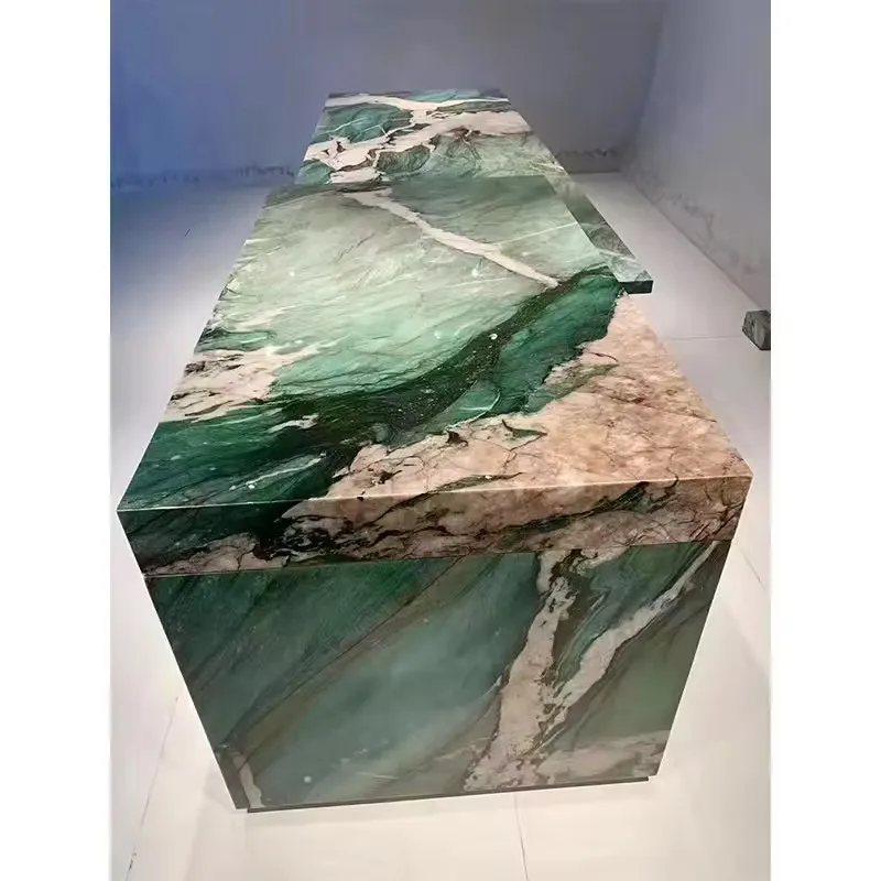 Natural Quartzite Patagonia Green Reception Desk Table Lavatory Vanity Countertop Matching Background Wall Real Marble Top