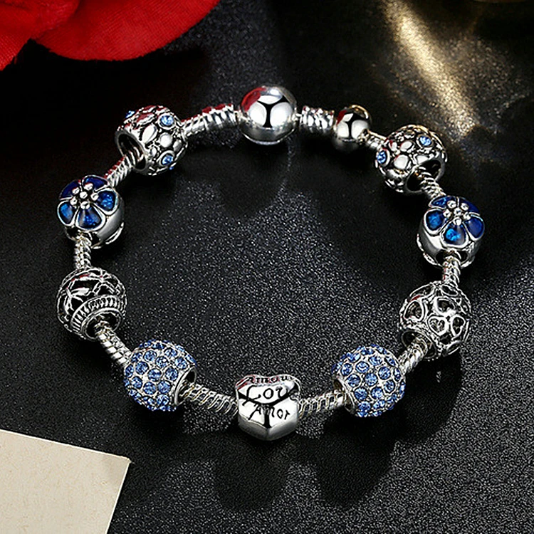 
Designer love heart 925 Silver plated brass beaded charm bracelets for women jewelry 