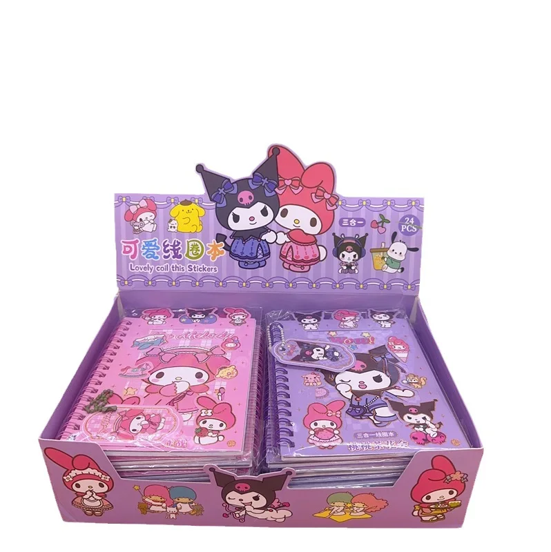 DHF612 Wholesale kawaii spiral notebook with sticker Kuromi Melody children portable notebook with pendant anime gift stationery