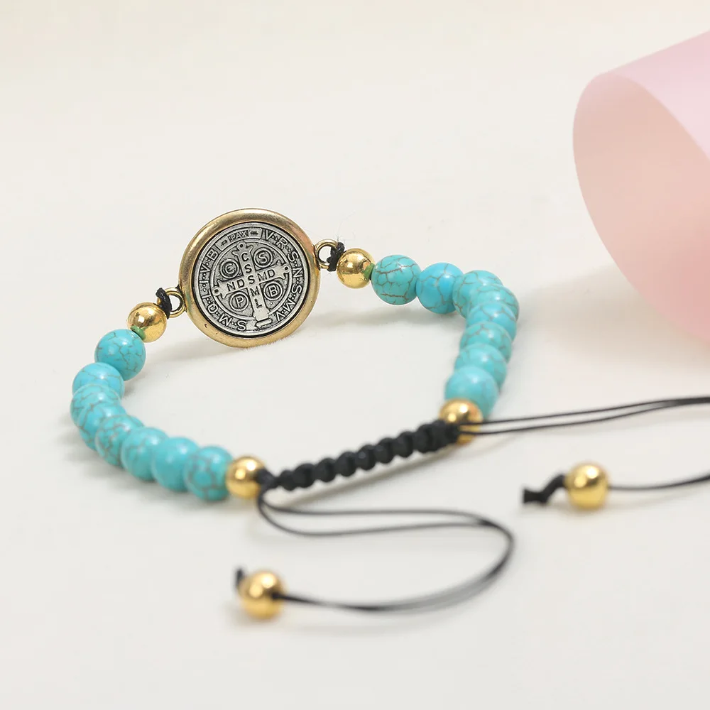 Zooying католический четки Святого Бенедикта круглые бирюзовые молитвенные бусины регулируемый браслет на веревке