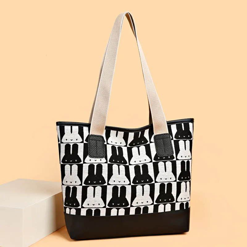 Canvas Tote Bag Simple Fashion  Leisure  Bag for Work  Lightly  Shopping Shoulder Bag A Cool Gift for Women(Black Grille)