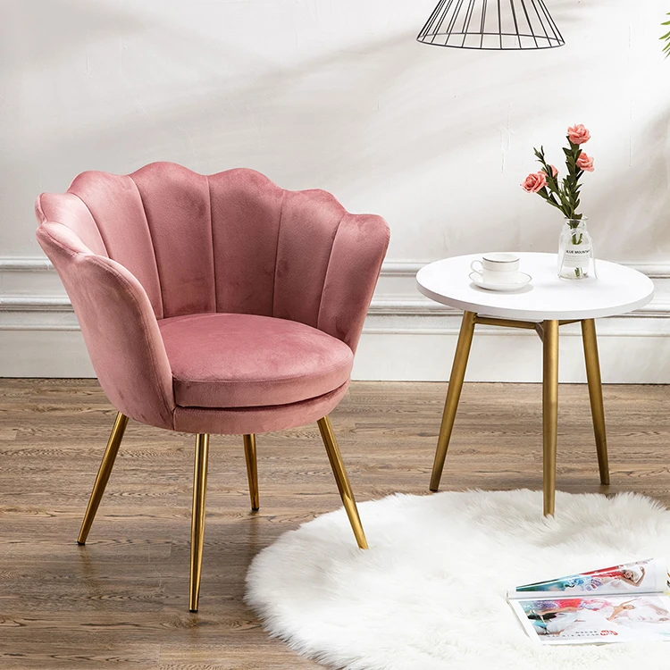 Manufacturer Sale Elegant Arm Chair Modern Metal Frame Pink Velvet Shell Flower Dining Room Chair With Gold Leg
