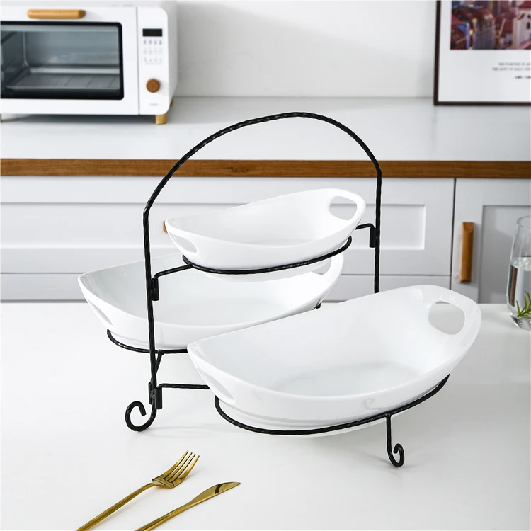 Chinese ceramic manufacturers wholesale selling white handle boat with iron frame ceramic snack salad fruit ceramic bowl set