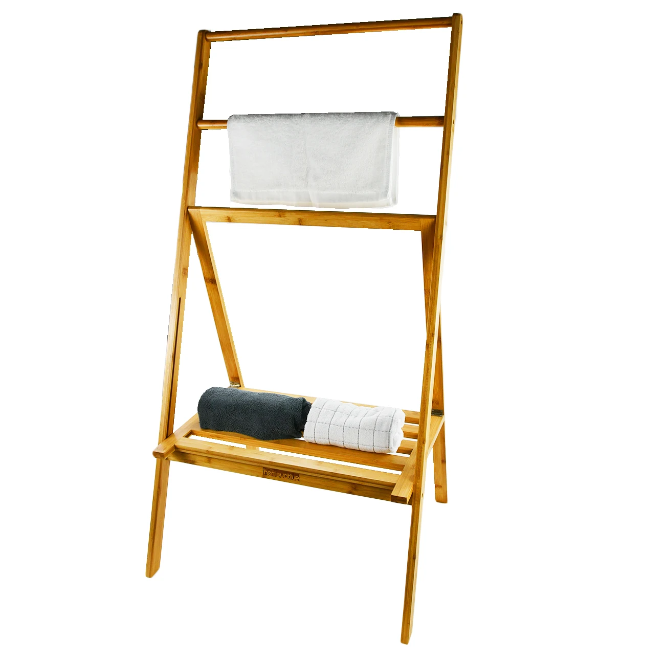 Folding Bamboo Clothes Drying Racks Organizer Free Standing Towel Rack with 3 Hanging Rods Storage Shelf Home Use