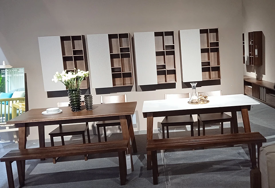 Solid Wood Rectangular Curved live Edge Dining Table With 6 Wooden Chairs 7 Pieces of Set Walnut Color Simple Dining Room Set