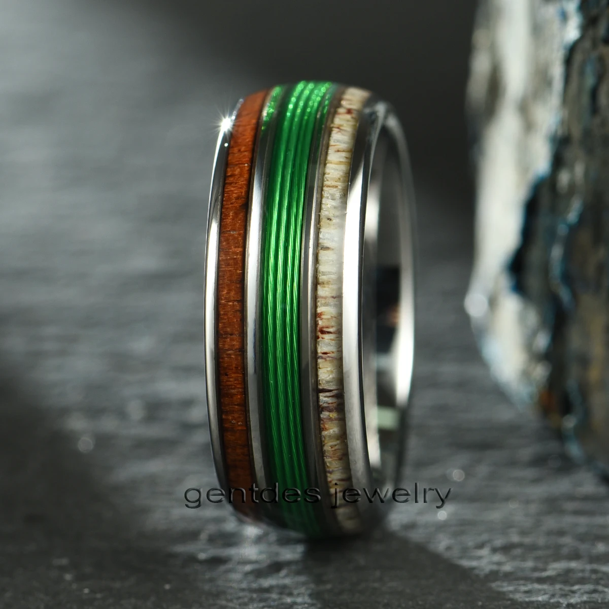 Gentdes Jewelry Fashion Green Fishing Line Ring with Elk Antler and Makore Wood Tungsten Carbide Blank Ring for Men