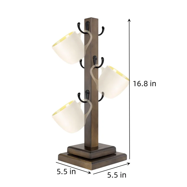 Space-Saving Rotated Brown Solid Wood Mug Rack Tree Organizer Tea Cup Organizer Hanger Holder With 6 Hooks