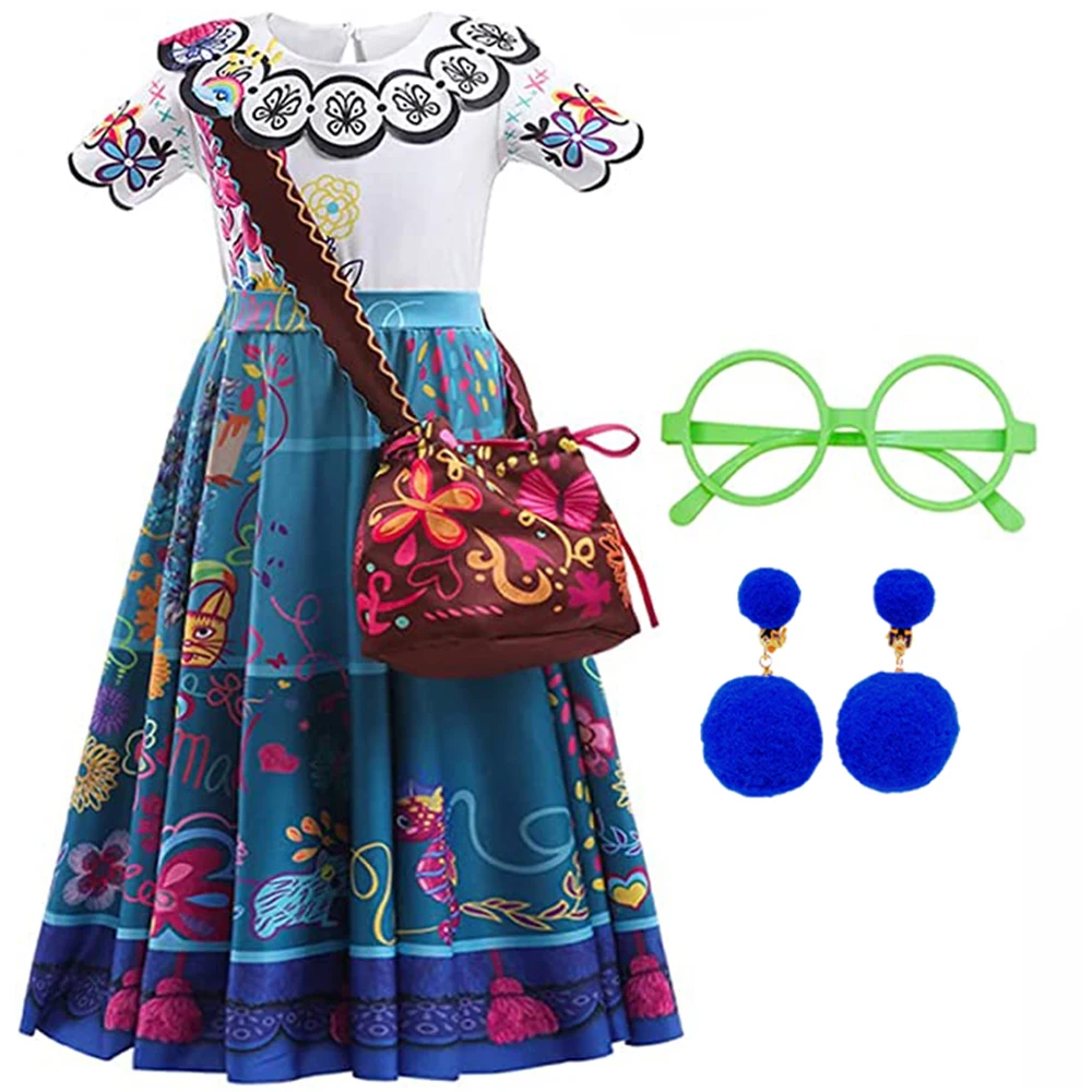 Encanto Mirabel Costume Dress For Girls Cosplay Isabela Madrigal Princess Halloween Dress Up With Glasses Earrings