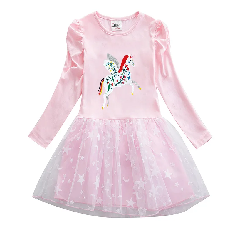 Wholesale Long Sleeve Cartoon Printed Waist Kids Dresses Summer Elastic Crewneck Casual Playwear Girl Dress
