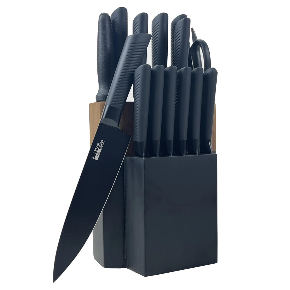 german steel 15pcs chef cooking sharpener steak chef multifunctional black kitchen knives with wooden block