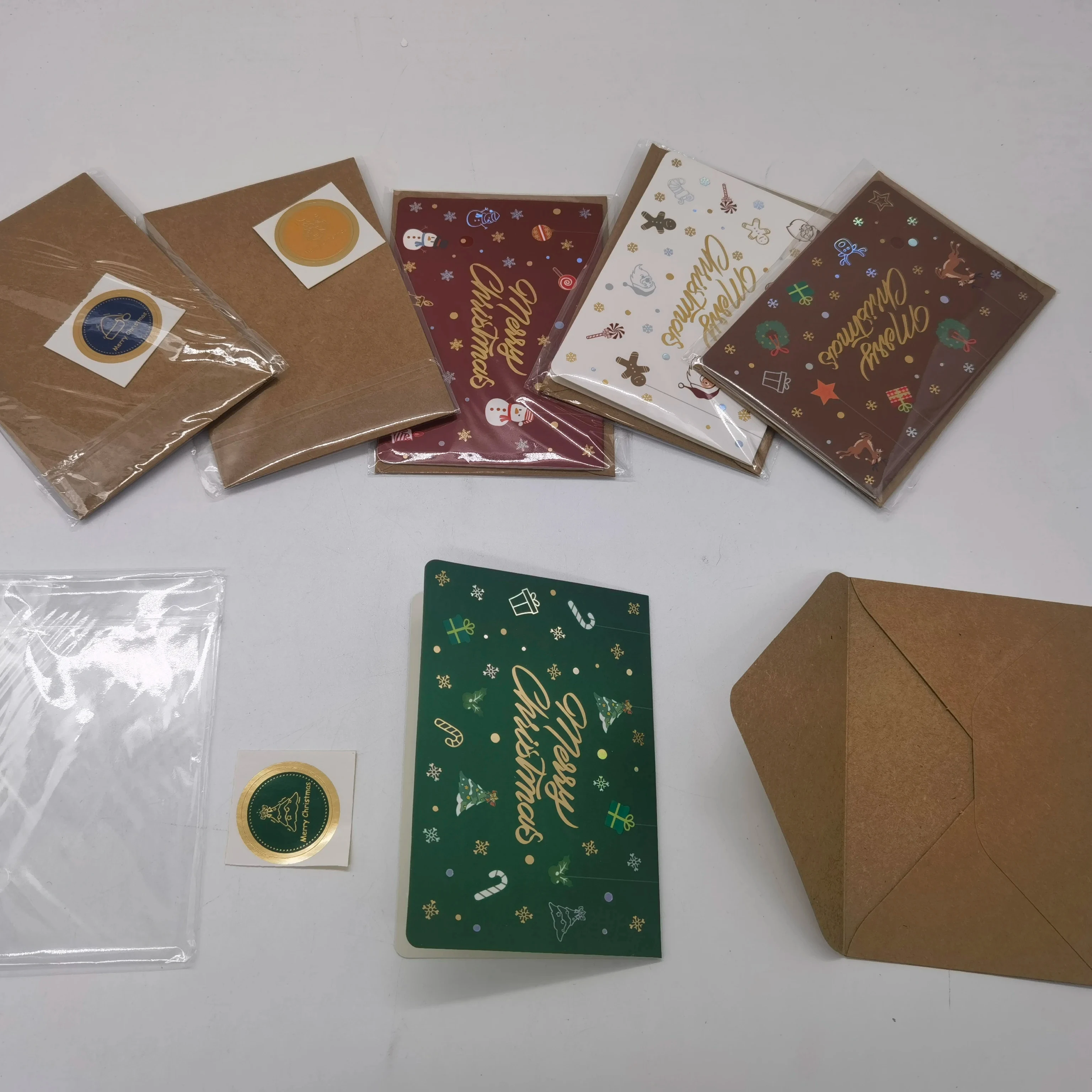 Luxury Custom Logo Holiday Christmas Greeting Gift Paper Cards Gold Stamping Envelope Polybag Sticker