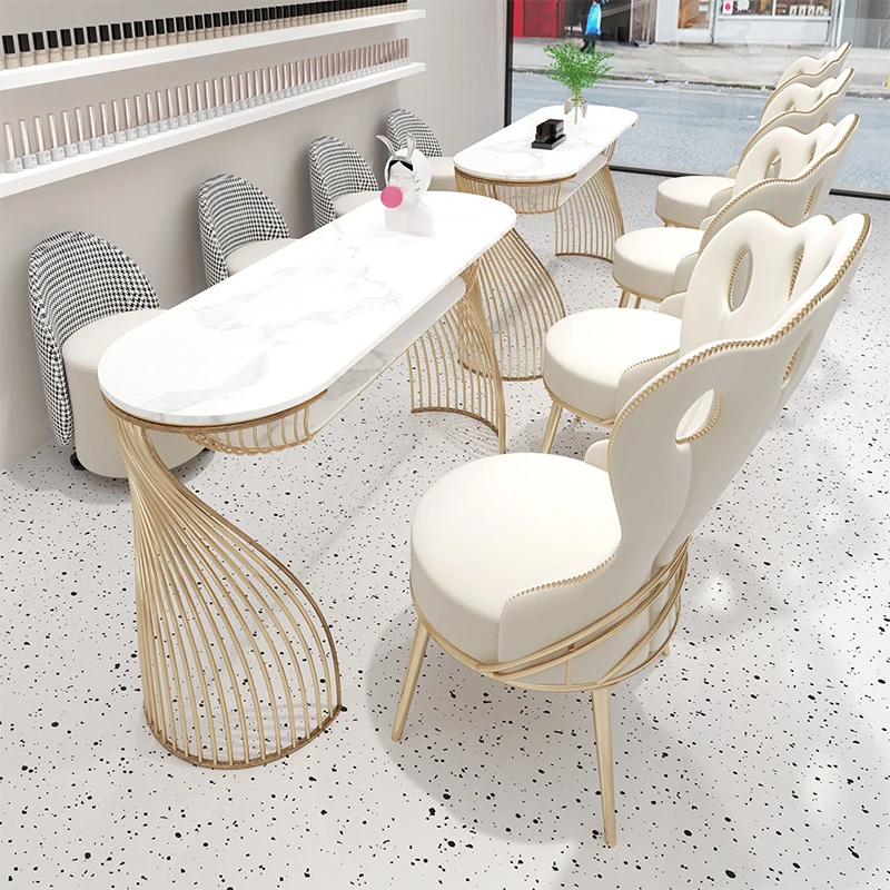 Modern European Metal Frame Marble Top Manicure Desk Nail Table And Chairs Set